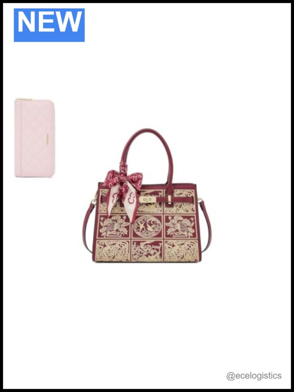 Medium Tote Bag & Leather Wallet Set with Embroidery, Adjustable Strap